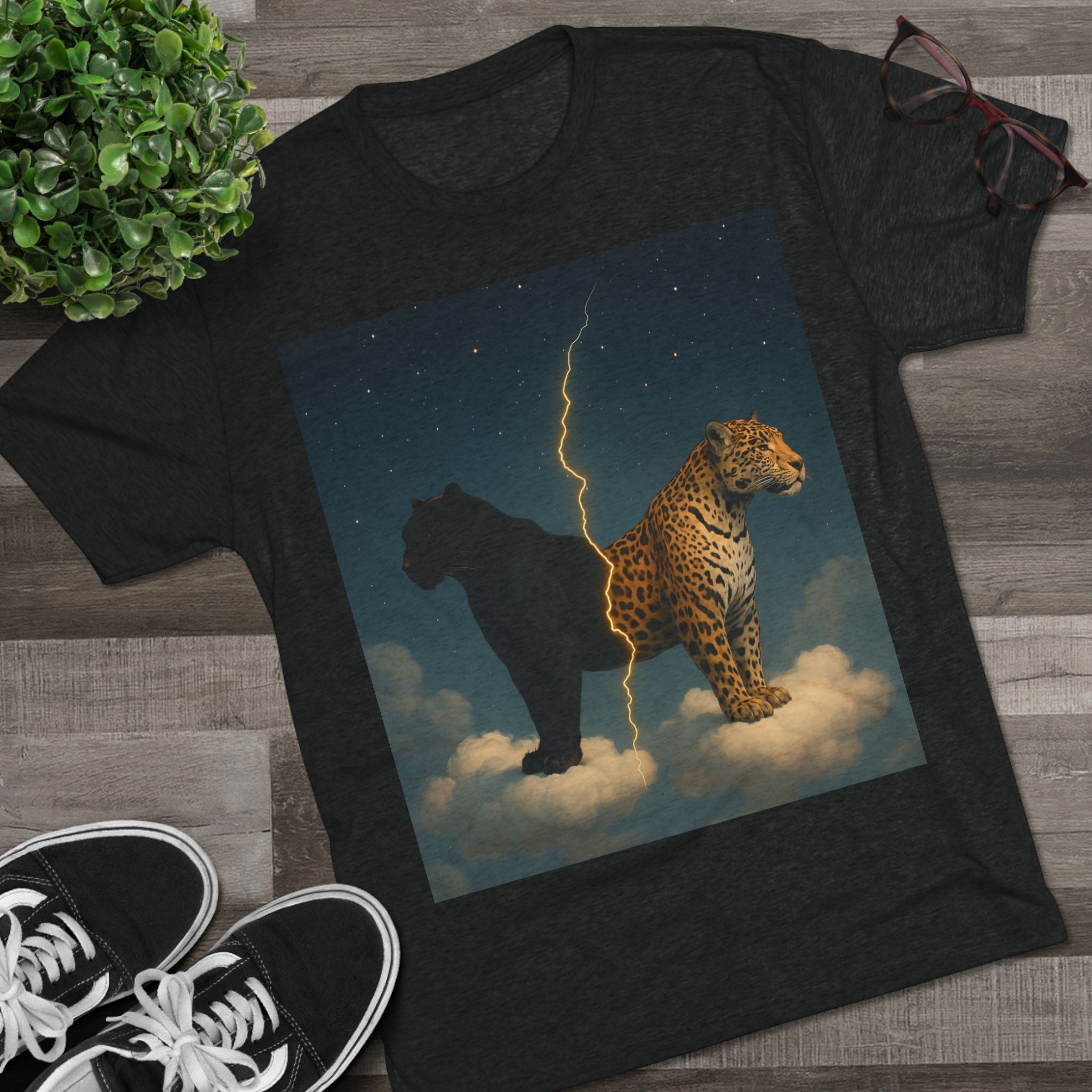 Panther and jaguar standing on clouds with lightning between them, symbolizing strength, healing, and power.
